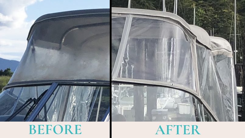 A before and after picture showing a sun-damaged boat enclosure replaced with a new one